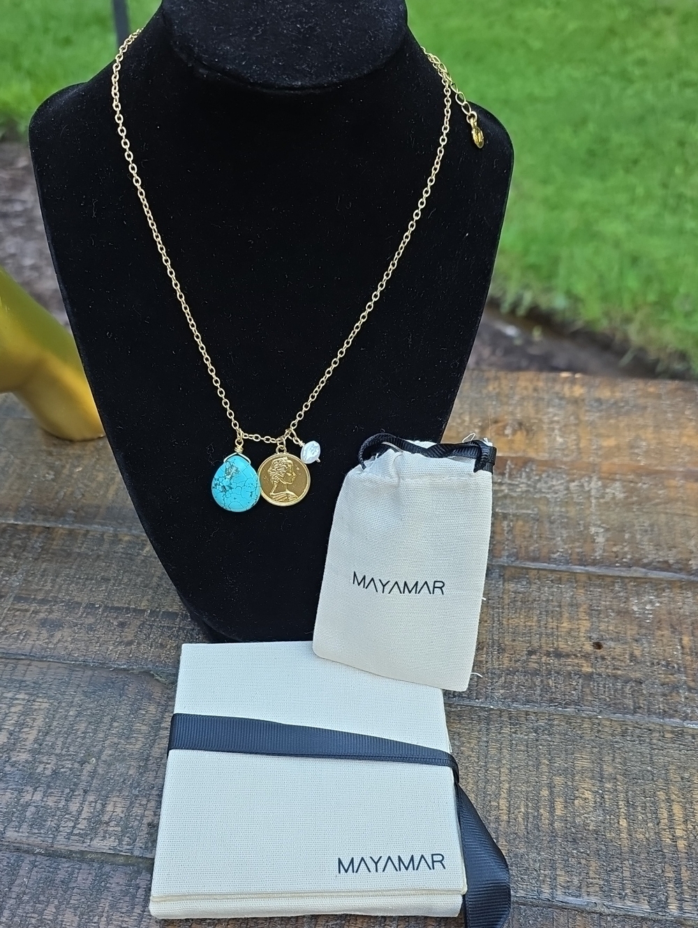 MAYAMAR Gold Necklace with Turquoise Teardrop and Coin Charms